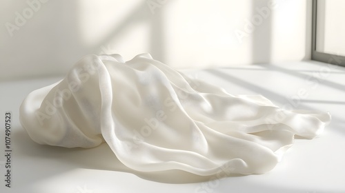 White silk fabric draped on a white surface in a minimalist room with light streaming in from the window.