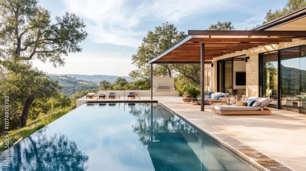Fototapeta premium Daytime scene of a modern home with a pergola-shaded lounging area by an infinity pool, overlooking scenic natural surroundings