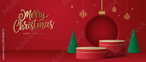 Realistic 3D Christmas podium on a red background. Christmas tree, deer, star and ornament on the stage. Perfect for product display, mockups, showrooms and showcases. Vector illustration