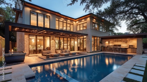 Contemporary house facade with a poolside pergola, open patio seating, and ambient lighting creating a tranquil evening atmosphere