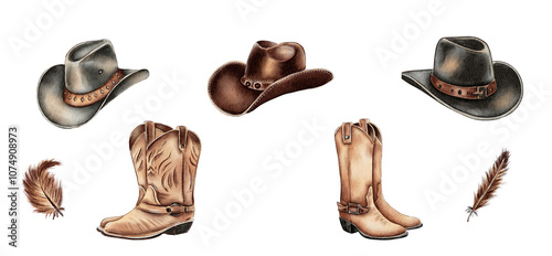 Set of cowboy western elements. Watercolor painting 