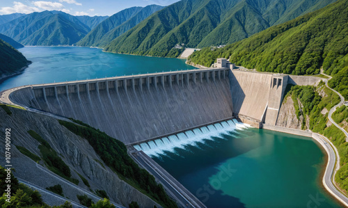 A large dam sits in a valley, surrounded by green hills and a blue reservoir