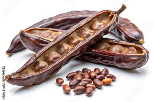 Edible carob fruit, on white background