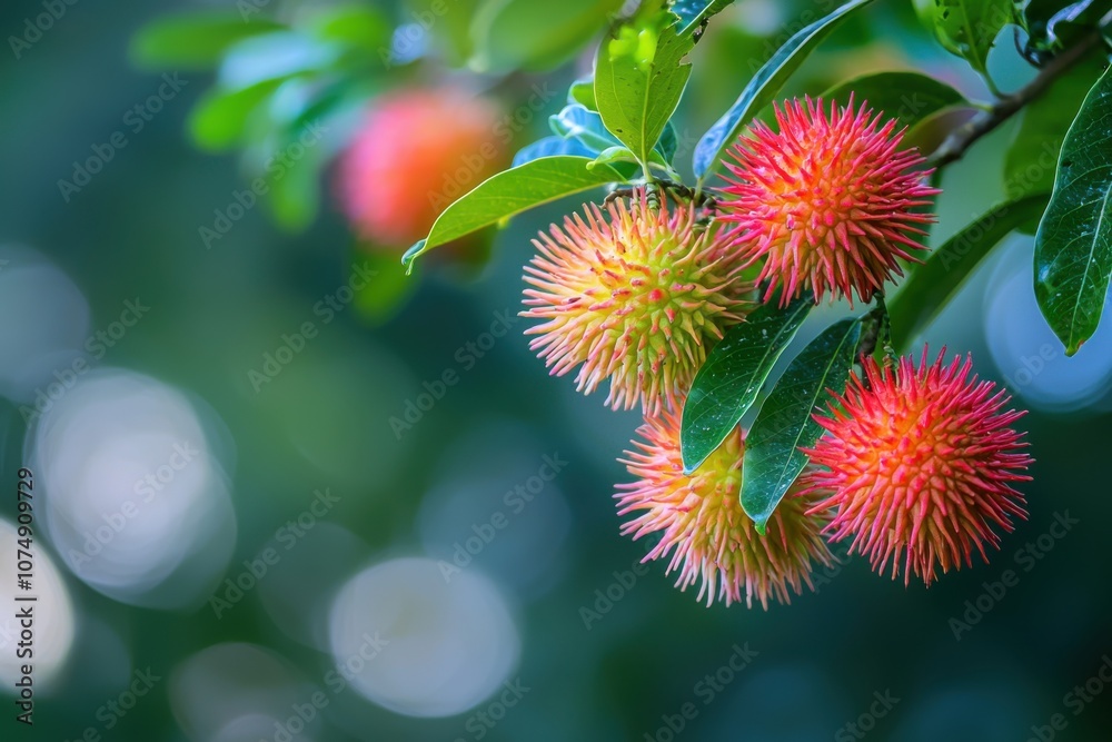 Vibrant spiky fruits hang among green leaves, showcasing nature's colorful beauty. Vibrant spiky fruits hang among green leaves, showcasing nature's colorful beauty.