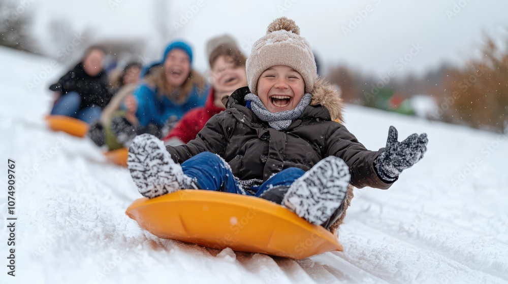 A joyful scene of children sledding down a snowy hill, laughing and enjoying winter activities together in a playful outdoor setting. A joyful scene of children sledding down a snowy hill, laughing and enjoying winter activities together in a playful outdoor setting.