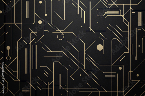 Abstract circuit-inspired design with gold lines and dots on a dark background conveying a modern, high-tech aesthetic and connectivity
