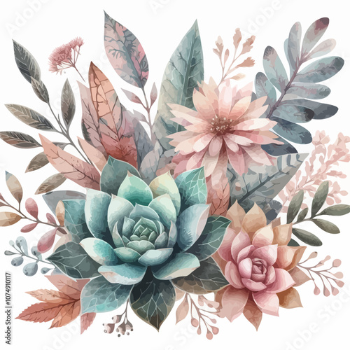 Boho watercolor leaves with succulents and pale pink wildflowers vector
