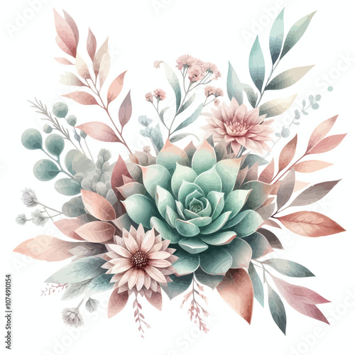 Boho watercolor leaves with succulents and pale pink wildflowers vector