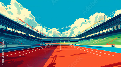 A vibrant tennis court in a grand stadium under a bright blue sky on a sunny afternoon, inviting players for an exciting match