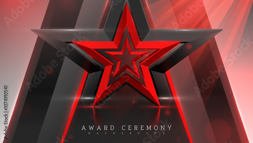 3D red luxury stars on a black stage backdrop decorated with spotlights, elegant style award ceremony background.