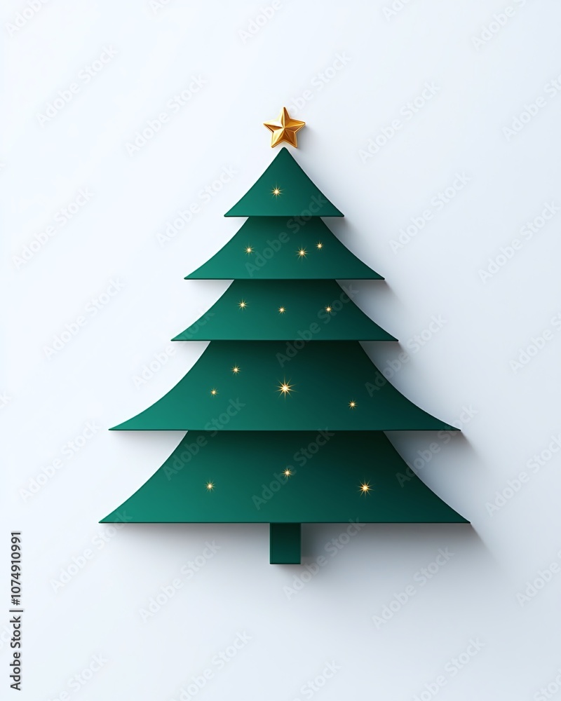 Fototapeta premium Elegant Green Christmas Tree with Star Decoration against White Background, Featuring Simple Design and Twinkling Lights for Holiday Spirit and Festive Decor