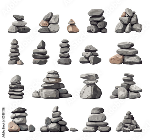 Stone Piles Collection Simple Vector Illustrations White Background Stacked Formations Balance Meditation Zen Garden Nature Inspired Tranquil Outdoor Peaceful Aesthetics