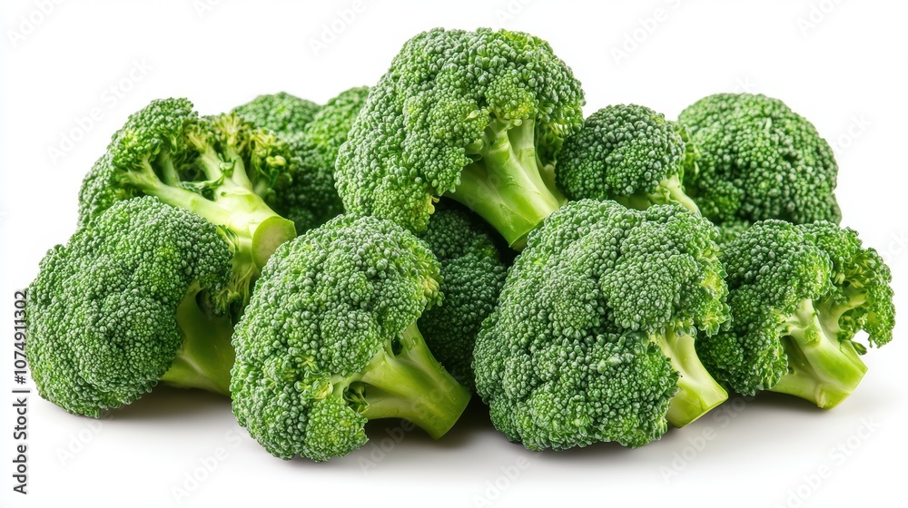 A collection of fresh, vibrant green broccoli florets displayed against a white background, showcasing the healthy and nutritious vegetable in all its natural glory A collection of fresh, vibrant green broccoli florets displayed against a white background, showcasing the healthy and nutritious vegetable in all its natural glory