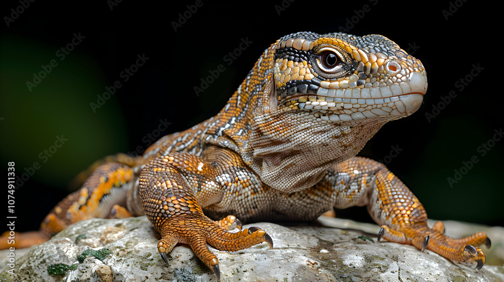 Obraz premium Amazon Tegu Lizard basking on a rock, its scales and body texture highlighted