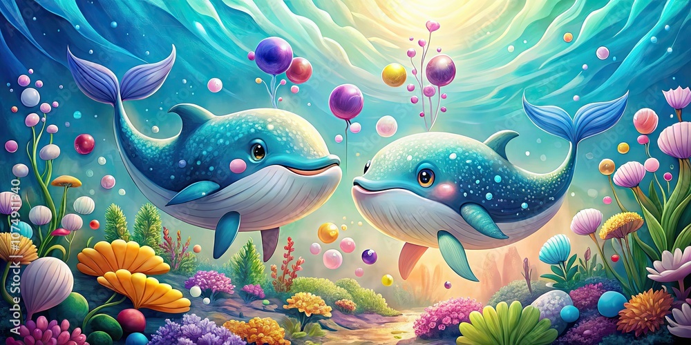 Whimsical Cartoon Whales Swimming in a Colorful Underwater Scene with Bubbles and Shells Against a Soothing Pastel Background Whimsical Cartoon Whales Swimming in a Colorful Underwater Scene with Bubbles and Shells Against a Soothing Pastel Background