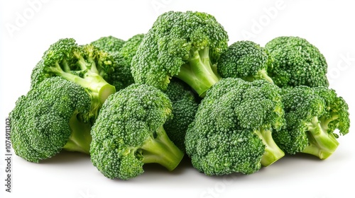 A collection of fresh, vibrant green broccoli florets displayed against a white background, showcasing the healthy and nutritious vegetable in all its natural glory photo