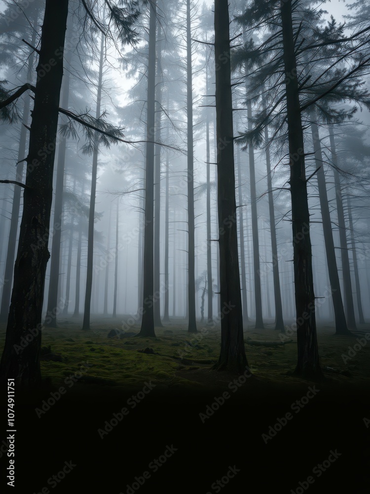 Fototapeta premium Moody forest with dense fog and mist covering tall trees and moss-covered ground, atmospheric, peaceful