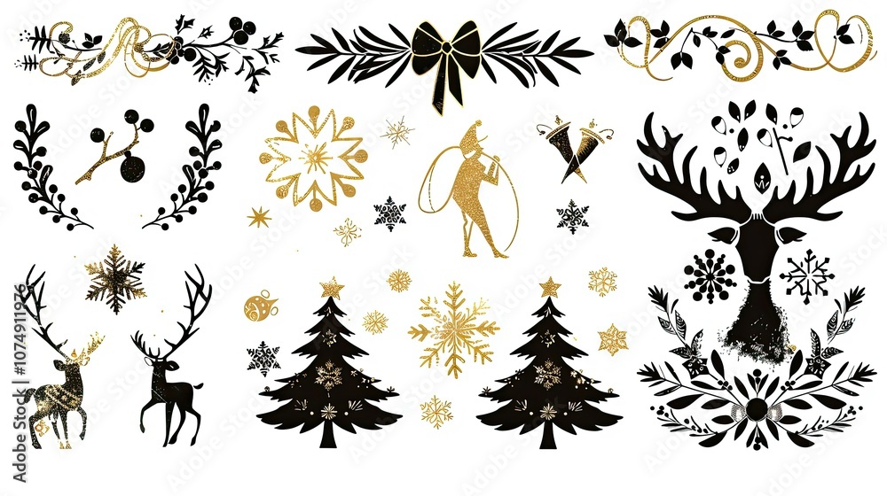 Stylized Christmas icons, a gold and black color palette Stylized Christmas icons, a gold and black color palette