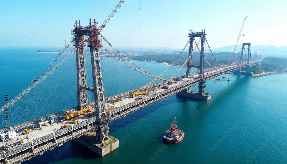 Aerial view of a suspension bridge under construction, highlighting its scale, engineering, and workers amidst the sea.
Aerial view of a suspension bridge under construction, highlighting its scale, engineering, and workers amidst the sea.