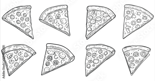 Pizza slice coloring page for children vector. Pizza slice coloring page for kids. Creative pizza slice coloring page for kids, Set of pizza slice coloring page for children