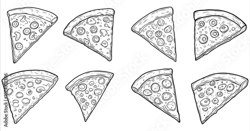 Pizza slice coloring page for children vector. Pizza slice coloring page for kids. Creative pizza slice coloring page for kids, Set of pizza slice coloring page for children