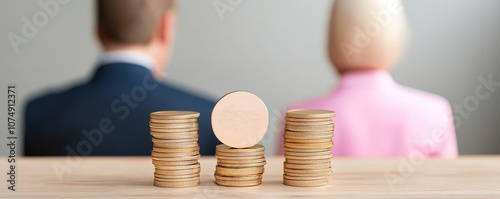 A couple sits back-to-back with stacks of coins between them, symbolizing financial separation or disputes in a relationship context.
