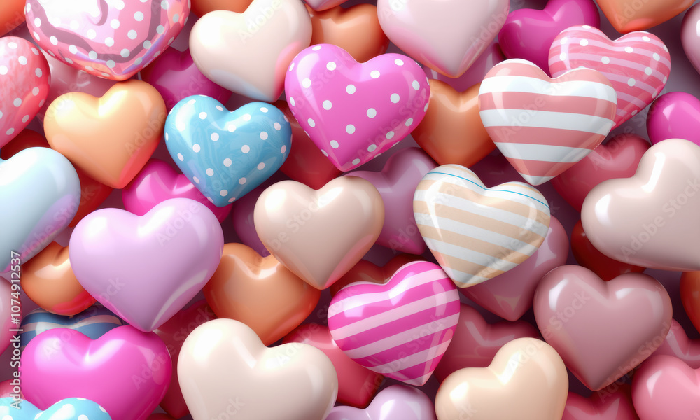 Colorful 3D hearts in various patterns and shades create vibrant, joyful scene. Perfect for expressing love and affection in any design project Colorful 3D hearts in various patterns and shades create vibrant, joyful scene. Perfect for expressing love and affection in any design project