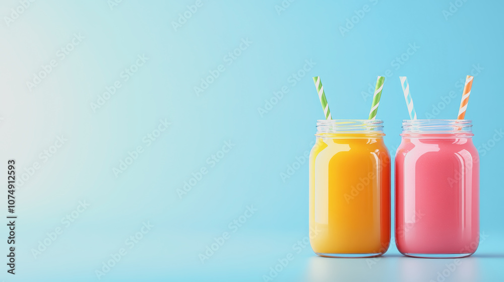 Refreshing Healthy Juices in Glass Jars with Colorful Straws on a Smooth Gradient Background Showcasing Vibrant Colors for a Bright and Inviting Presentation Refreshing Healthy Juices in Glass Jars with Colorful Straws on a Smooth Gradient Background Showcasing Vibrant Colors for a Bright and Inviting Presentation