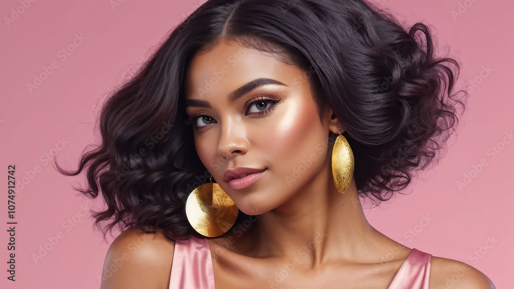 Portrait of a beautiful young asian woman with long curly hair and gold earrings Portrait of a beautiful young asian woman with long curly hair and gold earrings