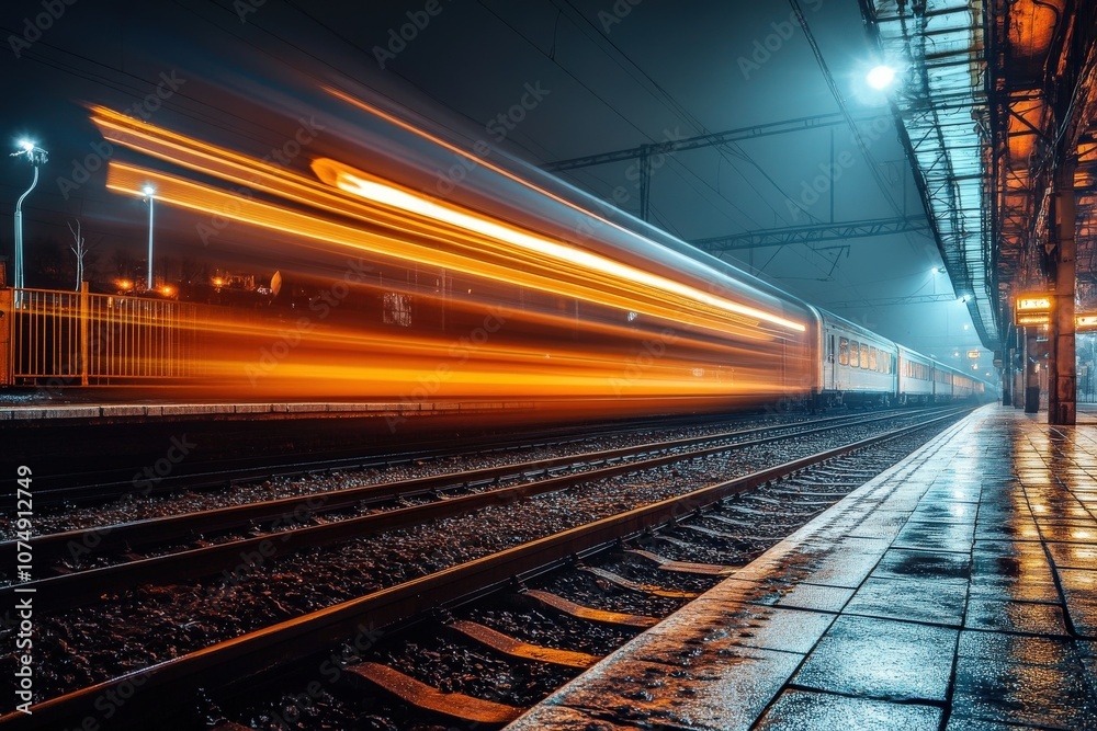 Fototapeta premium A Blurred Train Passing Through a Station at Night