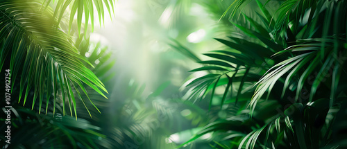 Rainforest. Close up of tropical palm leaves with warm sunlight at jungle forest. Green foliage botanical natural background. Exotic wallpaper. Generative ai