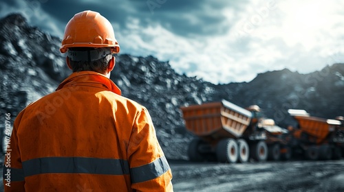 Worker observing mining operations in a vast quarry.