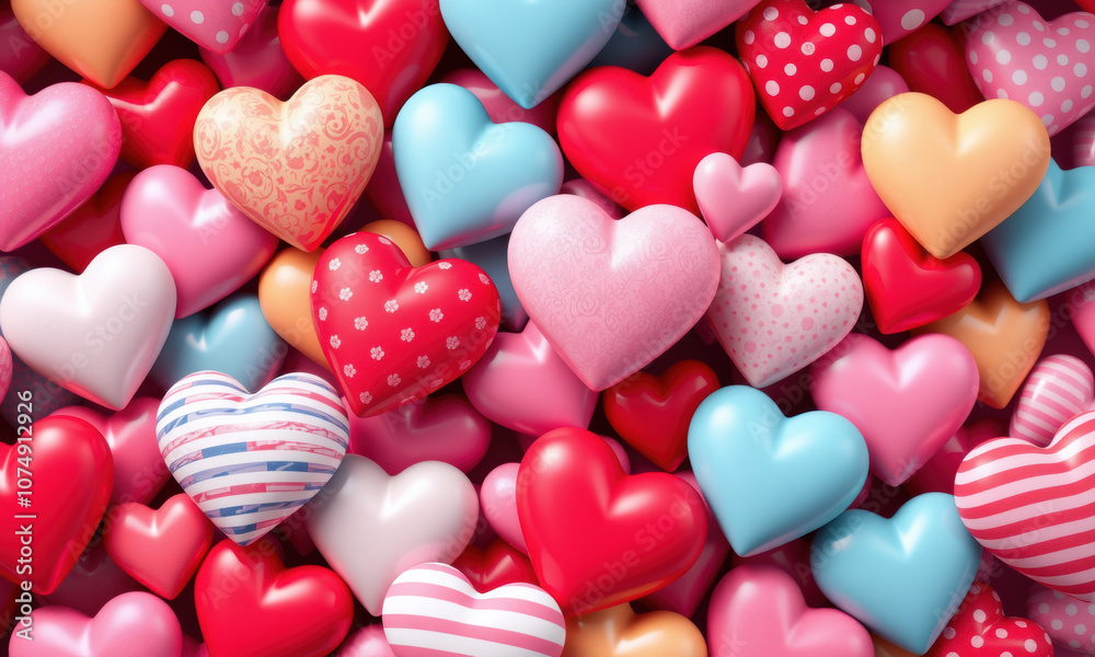 Fototapeta premium vibrant collection of colorful hearts in various sizes and patterns, creating joyful and romantic atmosphere. Perfect for celebrations and decorations