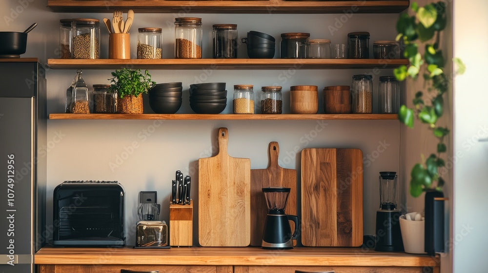 Modern Kitchen Interior with Wooden Shelves, Cutting Boards and Appliances Modern Kitchen Interior with Wooden Shelves, Cutting Boards and Appliances