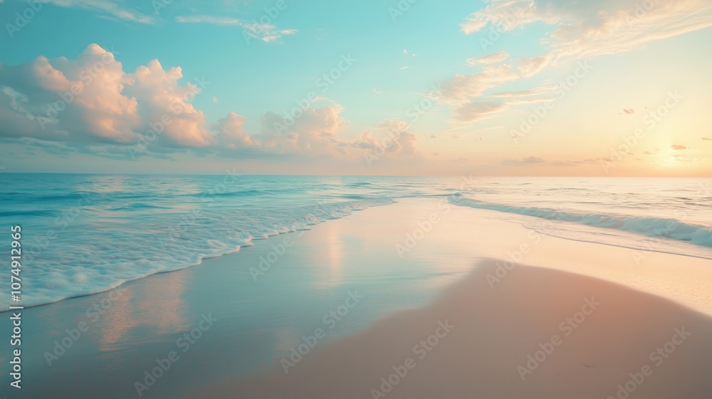 Beach scene, smooth sand, peaceful coastal view with pastel sky and dawn light Beach scene, smooth sand, peaceful coastal view with pastel sky and dawn light