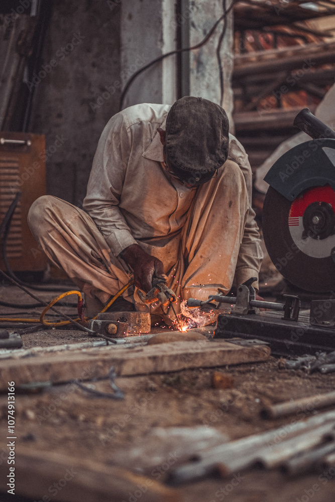 Welder welding metal with sparks and flames in his workshop Welder welding metal with sparks and flames in his workshop