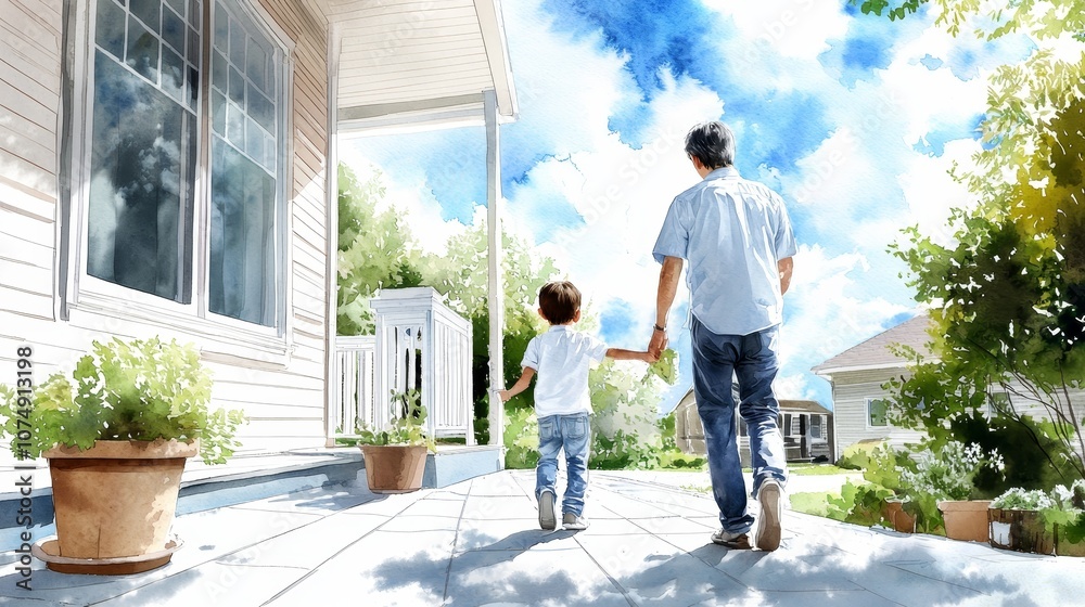 A heartwarming scene of a parent and child walking hand in hand towards a bright, inviting home surrounded by greenery. A heartwarming scene of a parent and child walking hand in hand towards a bright, inviting home surrounded by greenery.