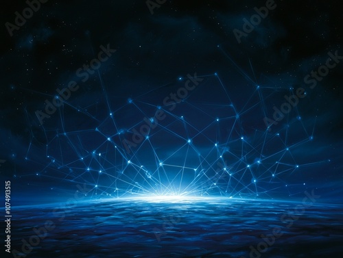 Futuristic digital landscape with blue glowing connections.