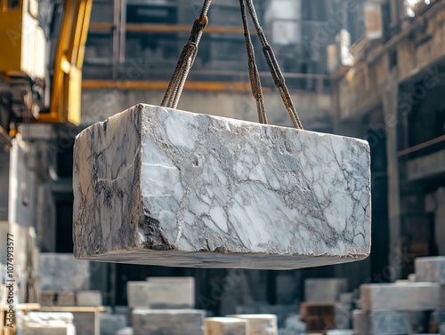 Heavy machinery lifting a large marble block in a factory setting.