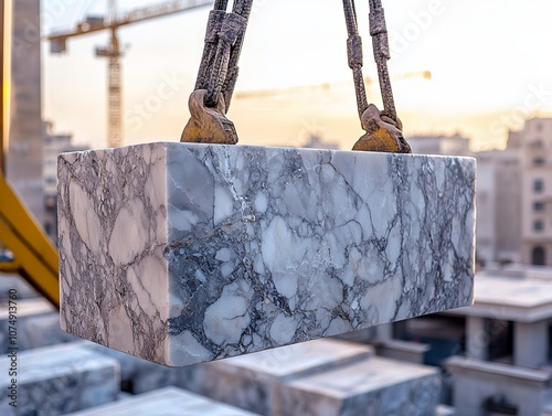 Marble block lifted by crane for construction purpose.