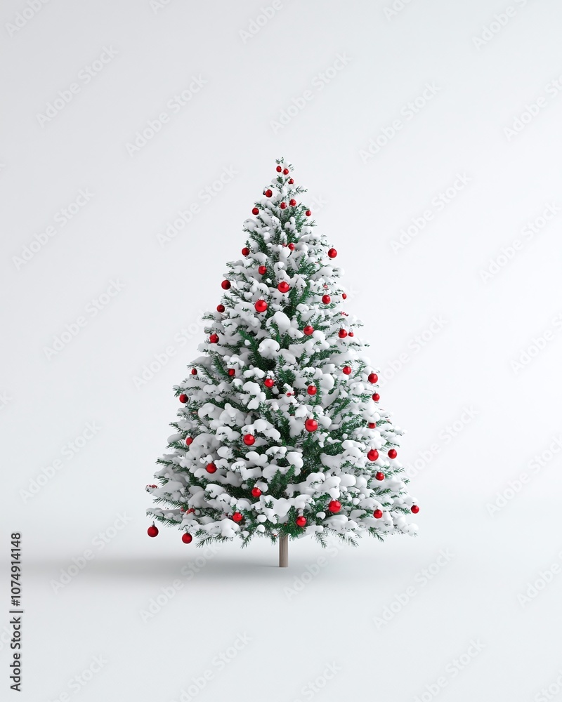 Lush Snow-Covered Christmas Tree with Red Ornaments Ideal for Holiday Celebrations, Festive Decor and Seasonal Aesthetics in a Bright Indoor Setting Lush Snow-Covered Christmas Tree with Red Ornaments Ideal for Holiday Celebrations, Festive Decor and Seasonal Aesthetics in a Bright Indoor Setting