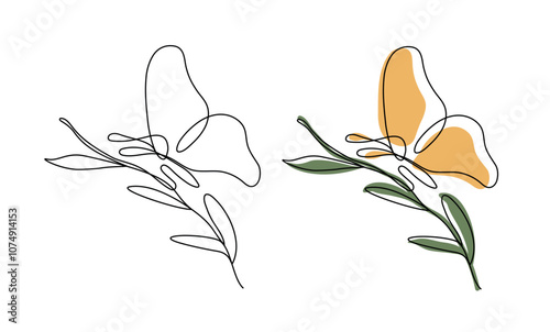 abstract, trendy butterfly, green leaf. linear pattern. a fashionable illustration in the style of minimalism. an element isolated on a white background. for print, banner, business idea. vector art