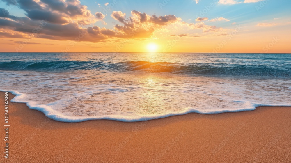 Beach scene, smooth sand, peaceful coastal view with pastel sky and dawn light Beach scene, smooth sand, peaceful coastal view with pastel sky and dawn light