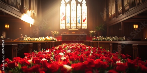 An elaborate and beautifully adorned church interior filled with a stunning array of flowers, capturing the essence of reverence and serenity in a sacred space