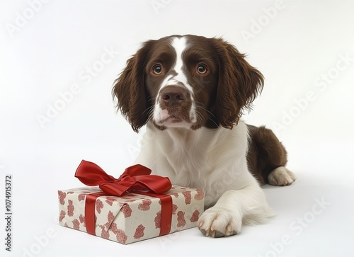 A cute, brown and white dog sits in front of a Christmas present, Münsterländer, studio shot against a white background photo