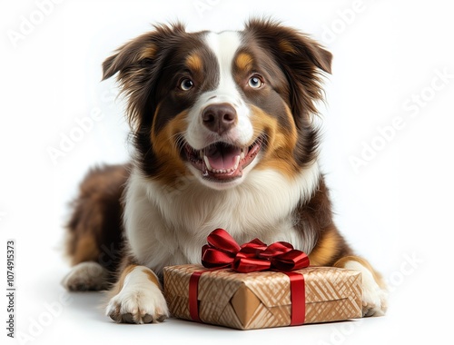 A cute, brown and white dog sits in front of a Christmas present, studio shot against a white background photo