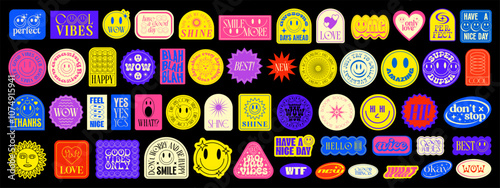 Cool Stickers Pop Art Collage Vector Design. Groovy Patches Pattern. Y2k Smile Badges.
