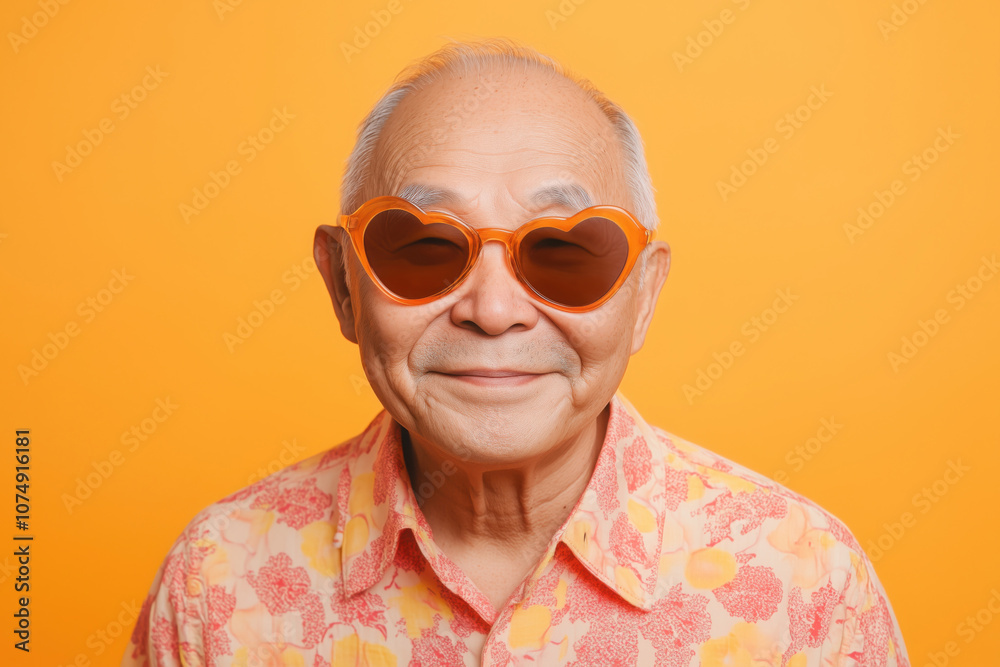 Handsome senior asian man wearing sunglasses in heart shape and smiling Handsome senior asian man wearing sunglasses in heart shape and smiling