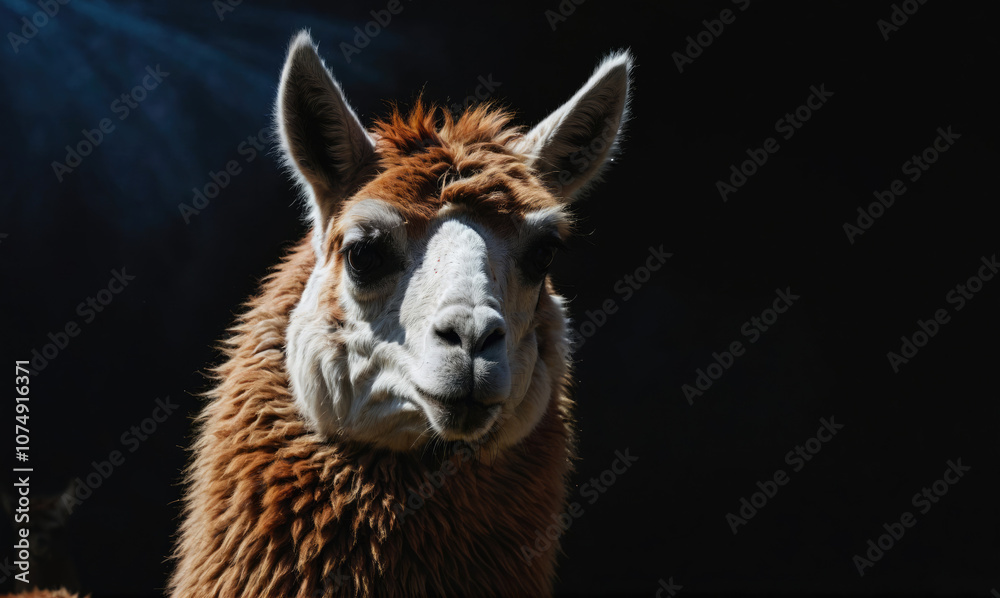 Obraz premium A brown alpaca stands in the shade, looking directly at the camera