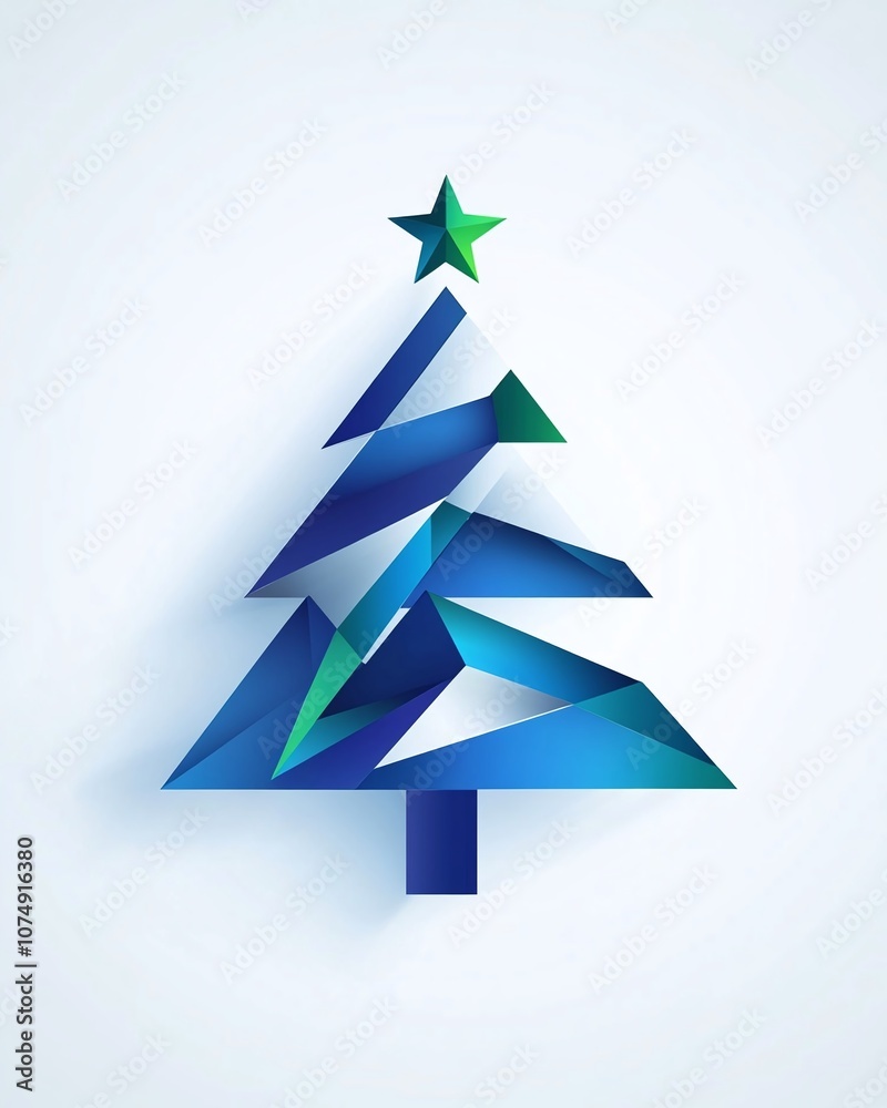Obraz premium Modern Abstract Christmas Tree Design Featuring Geometric Shapes in Shades of Blue and Green with a Five-Point Star on Top for Festive Celebrations and Seasonal Decor